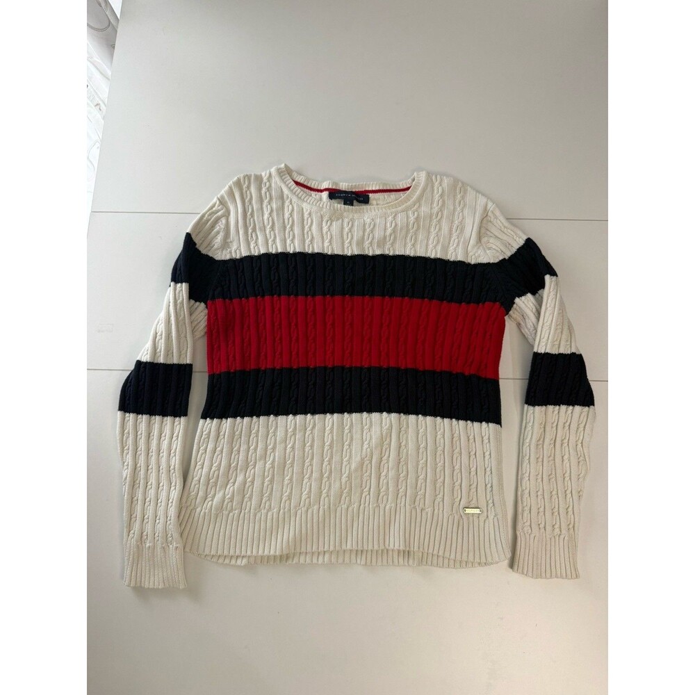Tommy Hilfiger Womens XL Striped Cable Knit Cotton Sweater Cream Navy Red Preppy